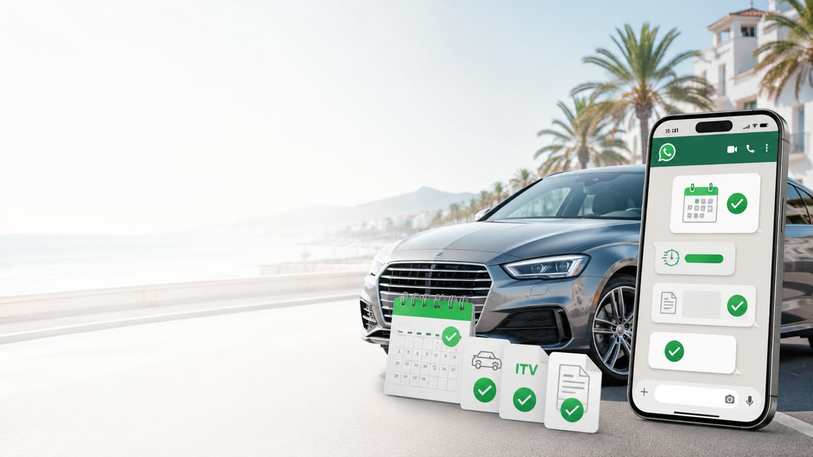 Coche en Estepona junto a un móvil con el chat de WhatsApp gestionando la ITV y los trámites
